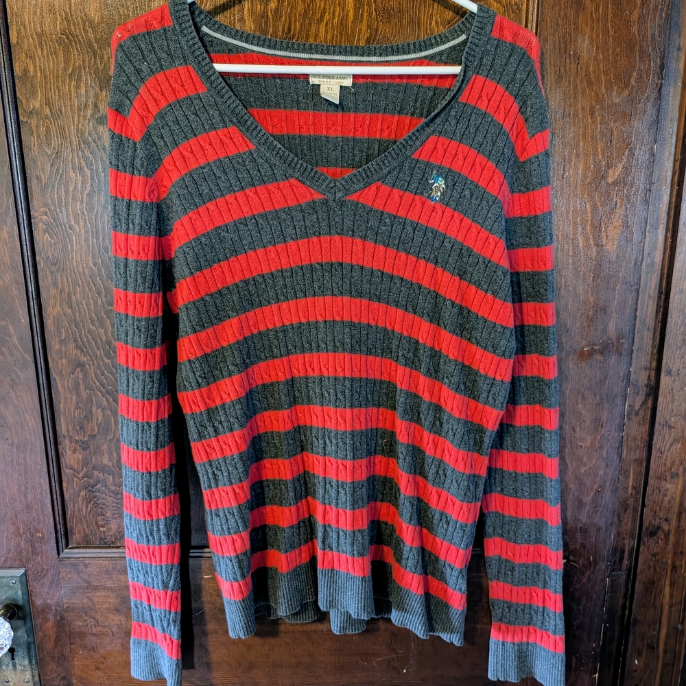 U.S. Polo Assn. Red and Gray Striped Sweater